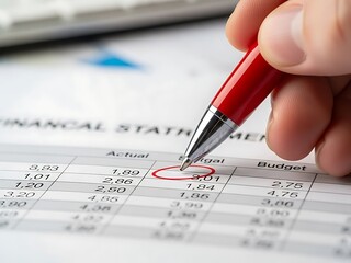 Close-up of a hand with a red pen highlighting a financial statement. Focus on a circled budget figure, symbolizing auditing, accounting, and financial analysis. This macro shot highlights m