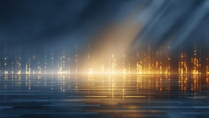 Abstract digital landscape with glowing light streaks, dark background, and reflective floor