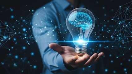 Hand holding glowing AI brain inside light bulb hologram