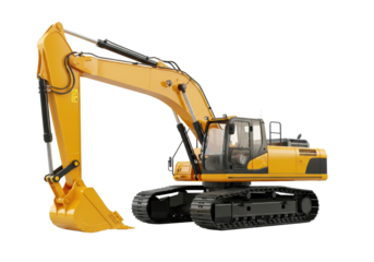 highly detailed photorealistic cgi render of a heavy industrial yellow excavator with visible hydraulic components on a white background. concept of urban development