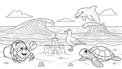 Coastal creatures and seaside scene coloring page for creative activities