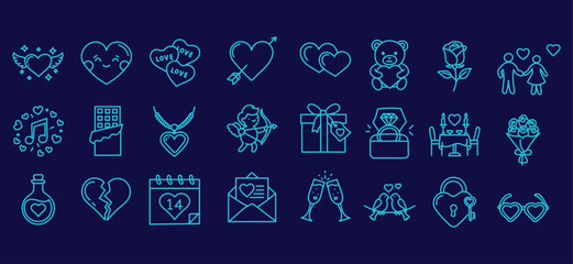 Romantic and Valentine line icon set. Vector pictograms of hearts, gifts, and love symbol, teddy bear, cupid, flower bouquet, engagement ring, chocolate candy, thin linear illustration