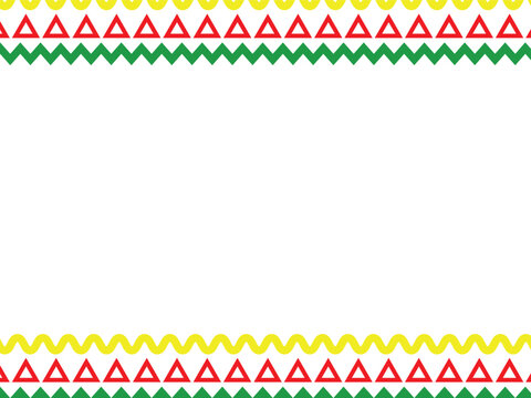 African heritage pattern border frame with red, yellow, and green geometric tribal shapes on a white background