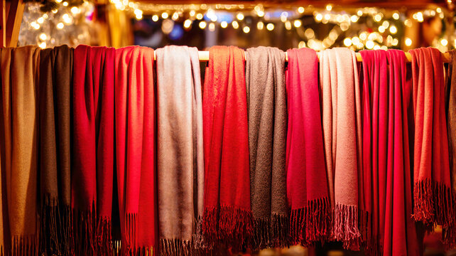 Colorful winter scarves at fair booth for seasonal retail design, holiday market advertising, fashion branding, and lifestyle editorial use