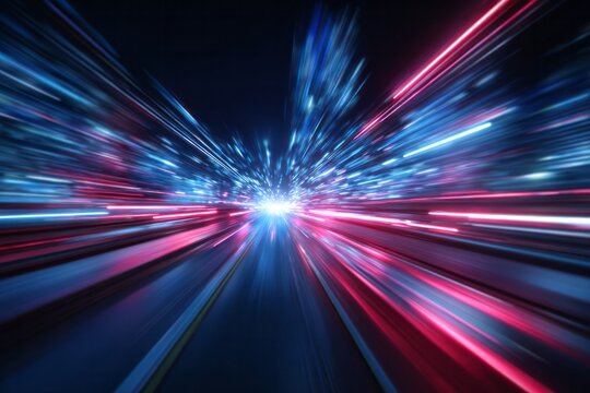 Intense futuristic light streaks race forward across a dark expanse creating an impression of rapid motion