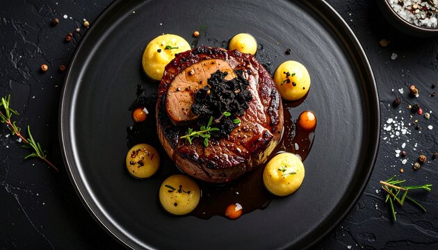 ​gourmet beef rossini with foie gras, black truffle, and mashed potato puree on a dark plate
