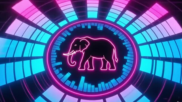 Abstract animated scene featuring a colorful circular sound-wave equalizer with an animated neon elephant silhouette at the center, audio spectrum simulation for music with a computer-generated, futur