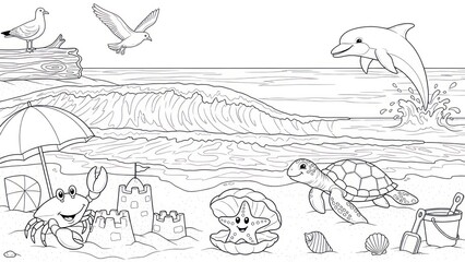 Beach scene with cartoon dolphin crab turtle and seagulls vector illustration