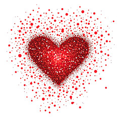 Close up full view of geometric abstract red heart pattern made of tiny dots modern romantic love design on transparent background
