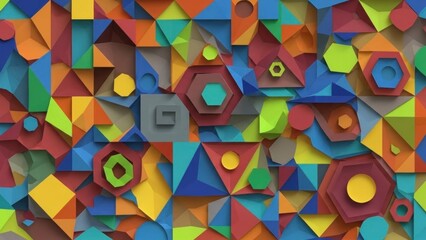A colorful, abstract geometric pattern with a mix of triangles, hexagons, and other shapes in vibrant colors.