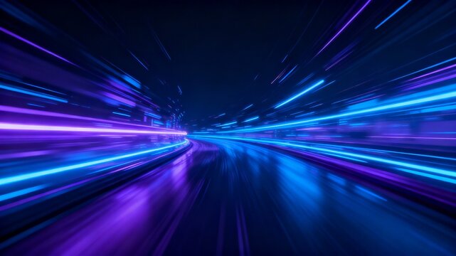 Panoramic high-speed technology concept, with abstract light and motion blur in blue and purple neon glow, technology, speed, motion, background, neon, glow, light, road, abstract, futuristic, design, - Powered by Adobe