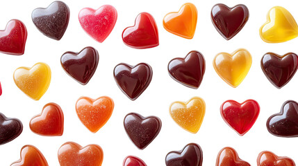 Close-up flat lay of heart-shaped caramel and hard candy assortment romantic valentines sweets on transparent background