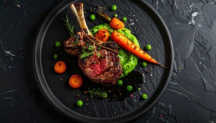 ​grilled lamb chop with green pea puree and roasted carrots on black stone plate