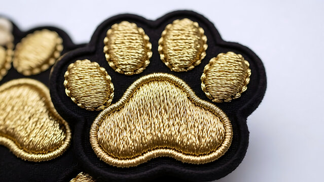 Gold embroidered dog or cat paw print on black fabric patch for decoration or identification purposes