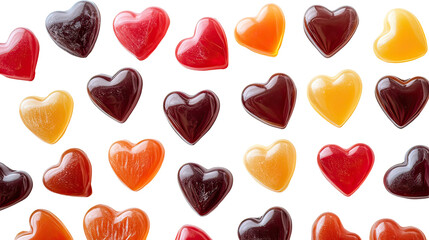 Close-up flat lay of heart-shaped caramel and hard candy assortment romantic valentines sweets on transparent background