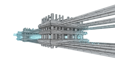 Colossal black low-poly wireframe geometric structure set in an infinite soft blue-cyan digital void with floating data particles; forced vanishing point perspective. Concept of digital infrastructure