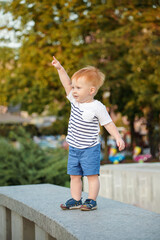 The baby boy is taking his first steps. Curious kid boy is standing outdoor in the park in the summer.