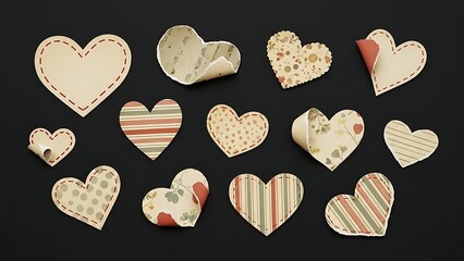 Collection of Handmade Fabric Hearts on a Dark Background.
