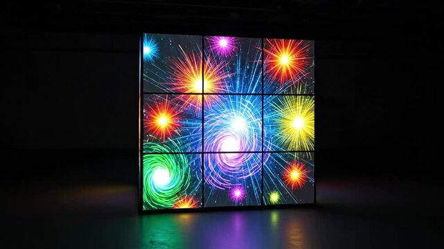 A vibrant cube display with colorful, swirling patterns and lights.