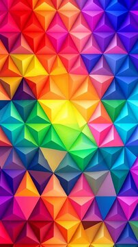 Vibrant geometric mosaic of colorful triangles arranged in a seamless, multifaceted pattern creating a bright and abstract background.
