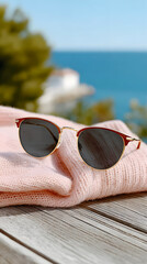 Fashion Sunglasses on Pink Sweater with Blurred Sea Background