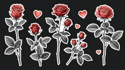 Collection of Red Roses and Hearts on a Black Background.
