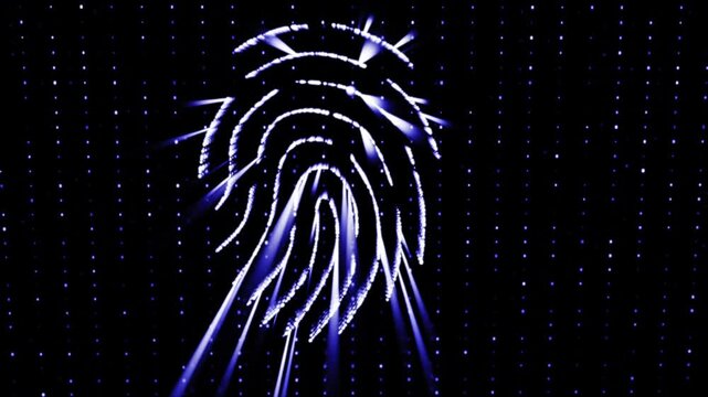 Holographic Cyan Violet Fingerprint Scanner - Biometric Security, Digital Identity, Particle HUD Projection