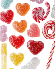 Close-up flat lay of heart-shaped gummy bears candy canes and assorted sweets romantic valentines candy display on transparent background