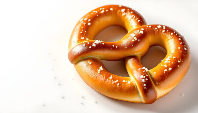 Golden Brown Pretzel with Coarse Salt Sprinkled on White Background baked bread