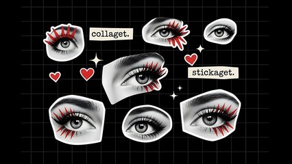 Creative Collage of Eyes with Dramatic Makeup and Hearts on Black Background.