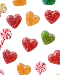 Close-up flat lay of heart-shaped gummy bears candy canes and assorted sweets romantic valentines candy arrangement on transparent background