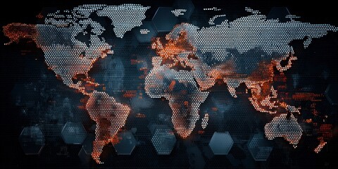 A digital map of the world with glowing dots depicting a spread, with a dark hexagonal background