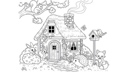 Obraz premium Charming cottage illustration whimsical scene with animals and nature elements