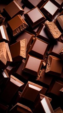 Close-up of stacked dark chocolate squares with sharp edges and rich, broken textures for dessert, confectionary, and baking themes.
