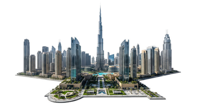 Photorealistic architectural render of the towering burj khalifa and futuristic dubai skyscrapers, isolated on transparent background, concept of global urban development