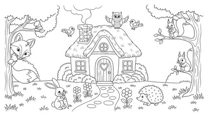 Obraz premium Black and white illustration of a cottage with forest animals and foliage