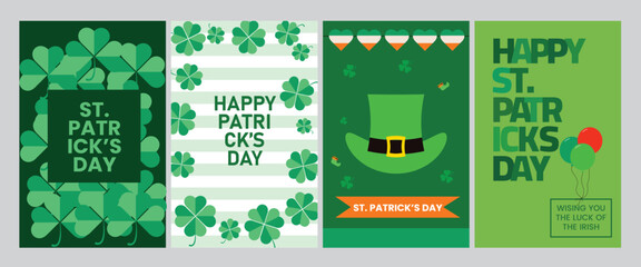 Trendy St. Patrick's Day vertical poster set featuring vibrant green shamrocks, leprechaun hats, and Irish luck symbols for festive holiday celebration.