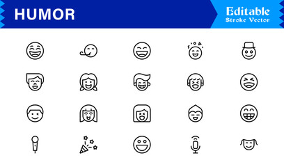 Professional Humor Line Icon Pack with Modern Minimal Style, Editable Pixel Perfect Designs Featuring Unique Funny and Comedy Symbols, Premium Quality Vector Set for Creatives