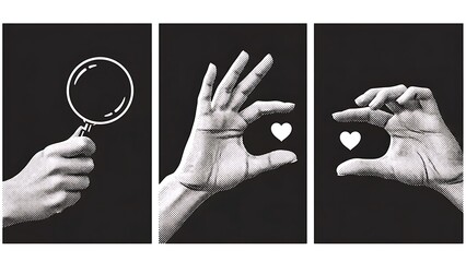 Three Panel Image Showing Magnifying Glass, Hands Holding Hearts, and Hands Gesturing Size.
