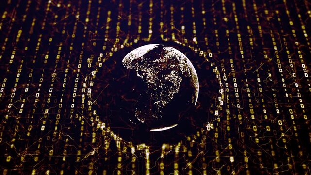 Digital planet Earth with orange and gold glowing data streams and binary code matrix for business and financial presentations 3d render