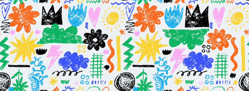 Seamless pattern colorful childish crayon drawn doodle. Freehand cute kid scribbles. Kids pencil drawings, squiggles in childish girly style, flower, crown, stars. Vector Seamless pattern chalk icons.
