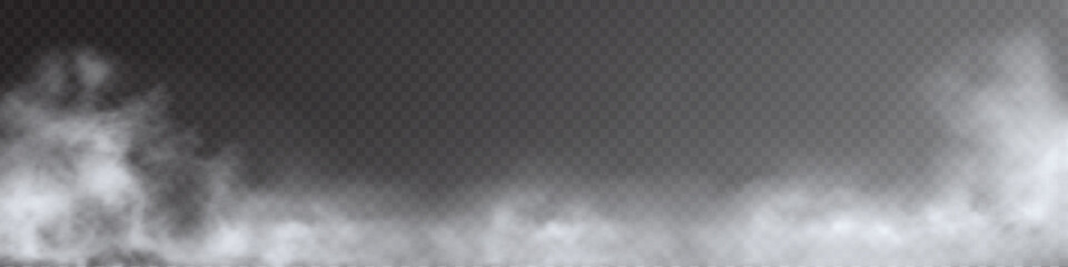 Fog, smoke, mist, and steam on transparent background, panoramic view, vector design