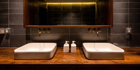 Bathroom scene featuring two white sinks, wooden counter, brass fixtures, and a large mirror