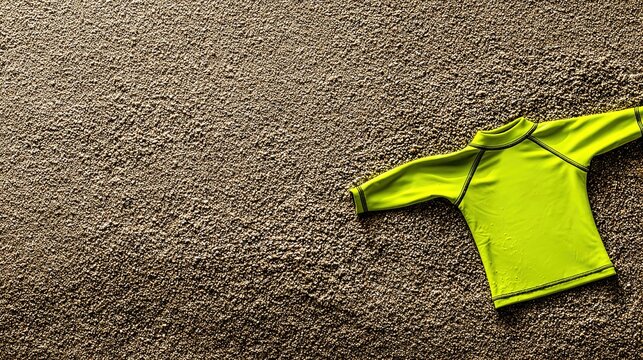 rashguard. Neon surf rashguard laid flat on wet sand, material stretched. lifestyle magazines, social media lookbooks, designed for lifestyle magazines and social media content.