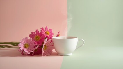 Cup of tea with flowers on a twotone background of pink and green color