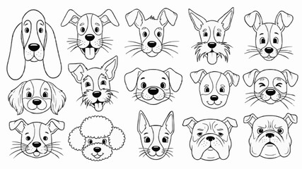 Obraz premium A black and white illustration of 13 different dog breeds' faces in a flat lay style against a clean white background.