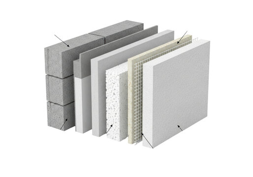 highly detailed exploded 3d cross-section of an etics wall system: concrete, eps insulation, fiberglass mesh, and decorative plaster layers on a sterile white background. concept of building