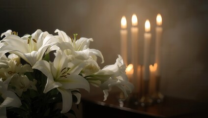 Elegant easter lilies and burning candles create a serene and peaceful atmosphere indoors