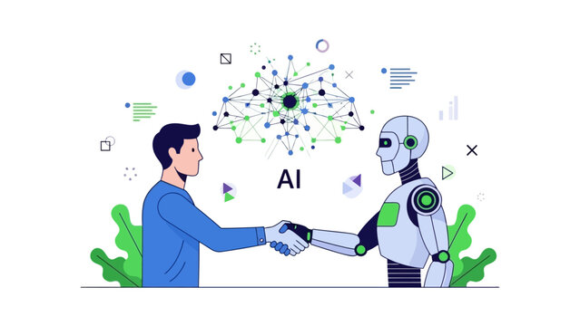 Human and Robot Shaking Hands in AI Collaboration Illustration.