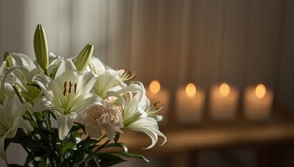 Close up of white lilies in a vase with candles burning in the background